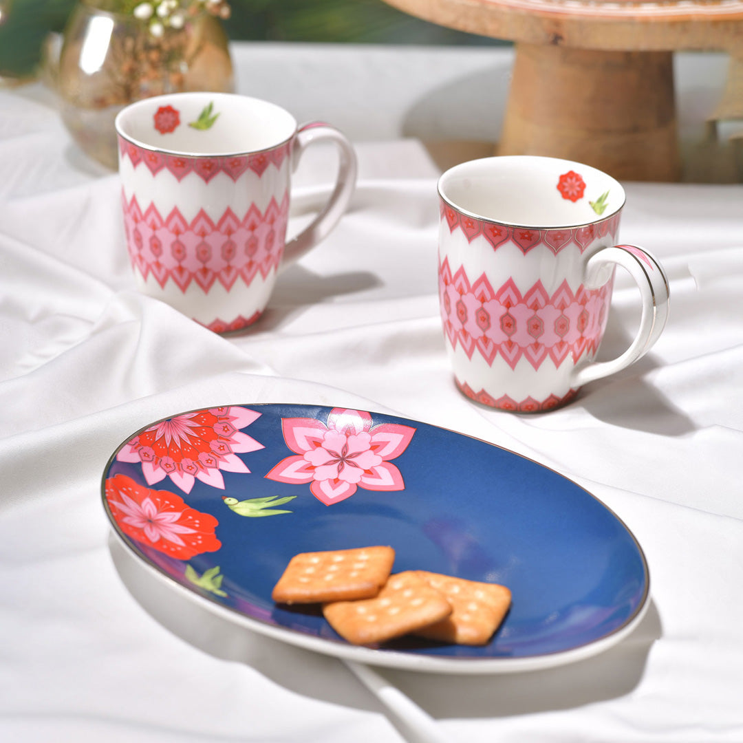 Mausam Series set of 3 (2 Pink Mugs 1 Platter)
