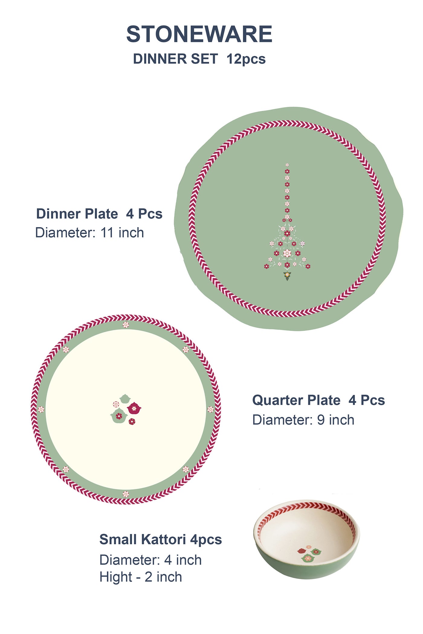 Dinner set (12 pcs) 4 Dinner Plate 4 Quarter Plate 4 Katori