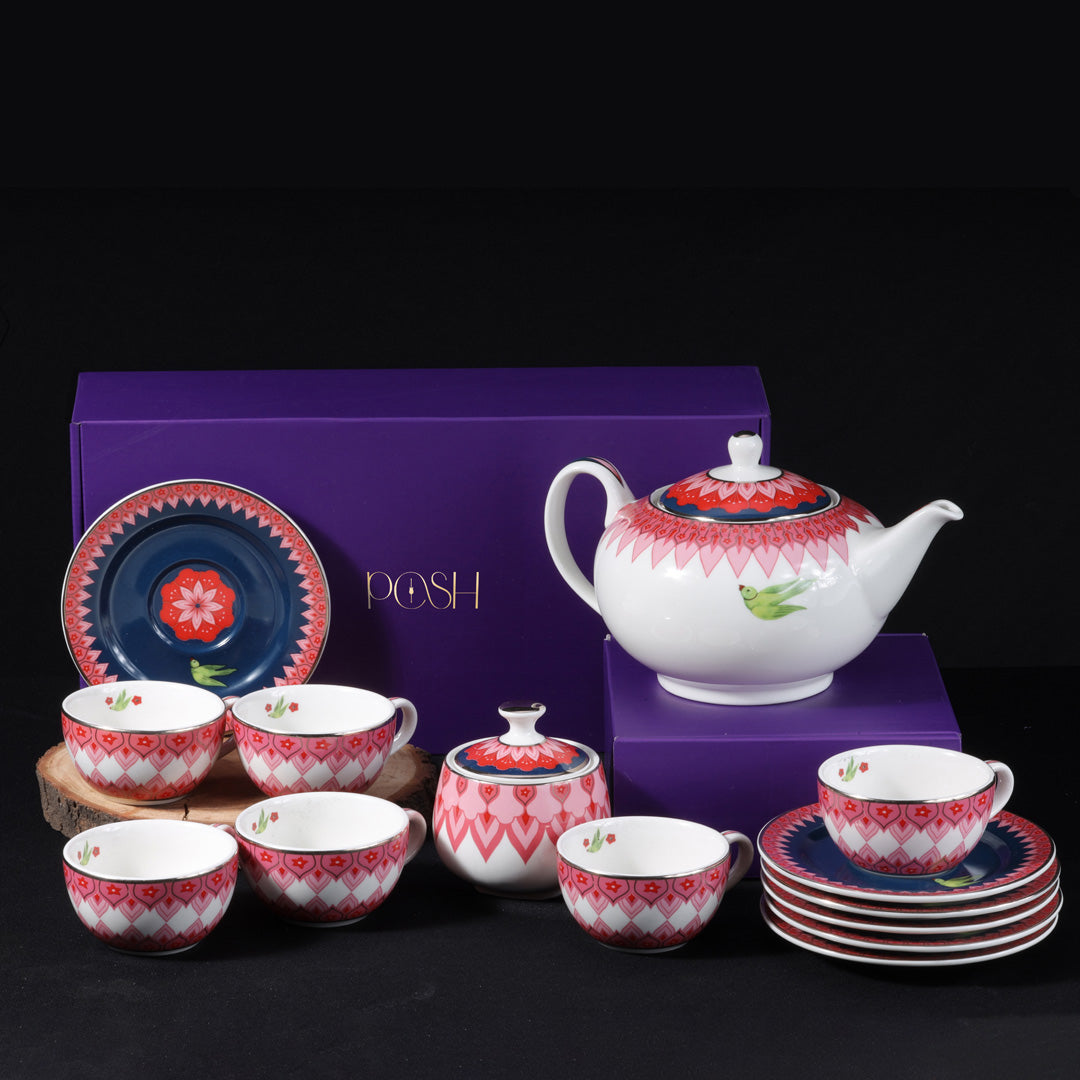 Mausam Tea Set ( set of 14 ) 1 Kettle 1 Sugar Jar 6 Cups 6 Saucers
