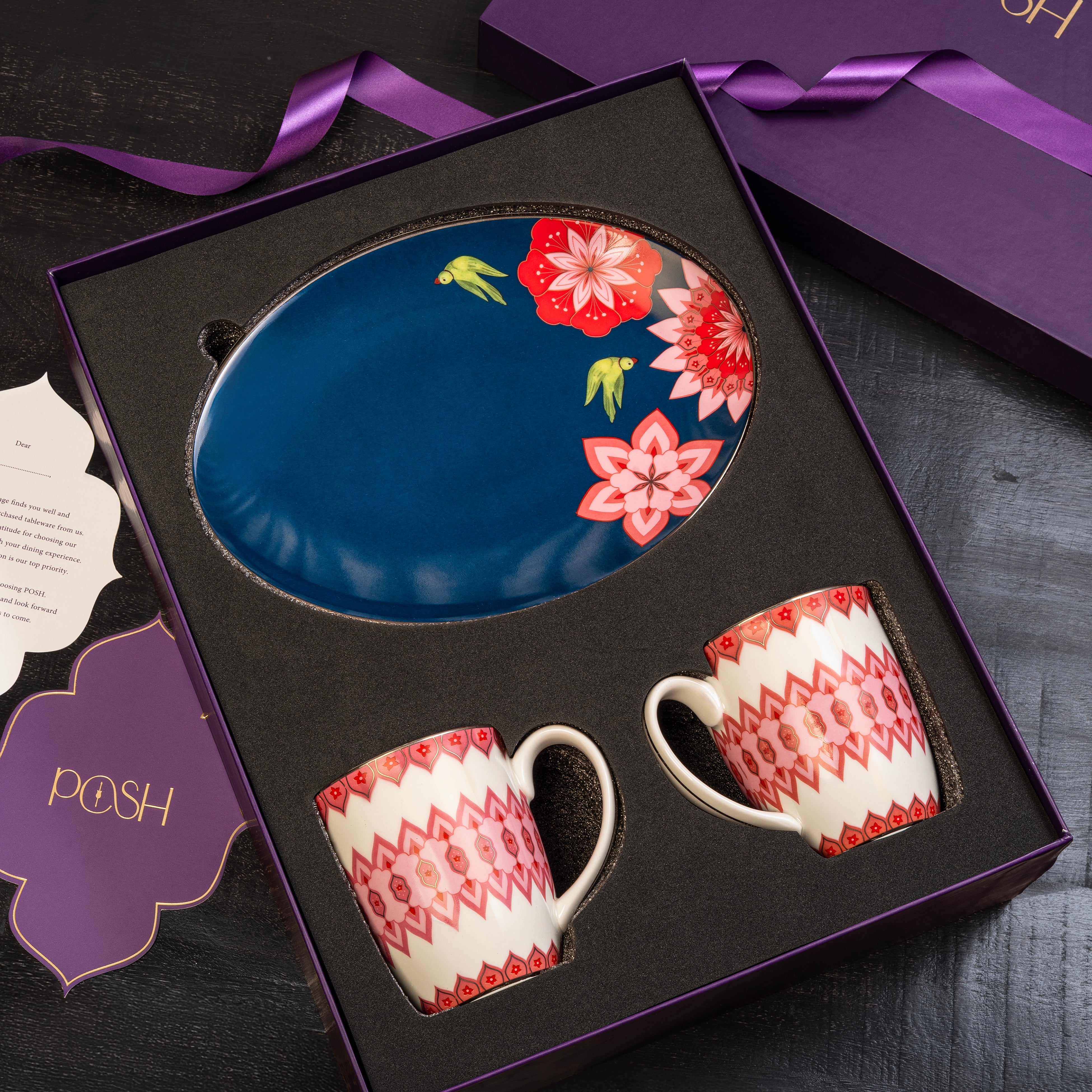 Mausam Series set of 3 (2 Pink Mugs 1 Platter) - Gifting