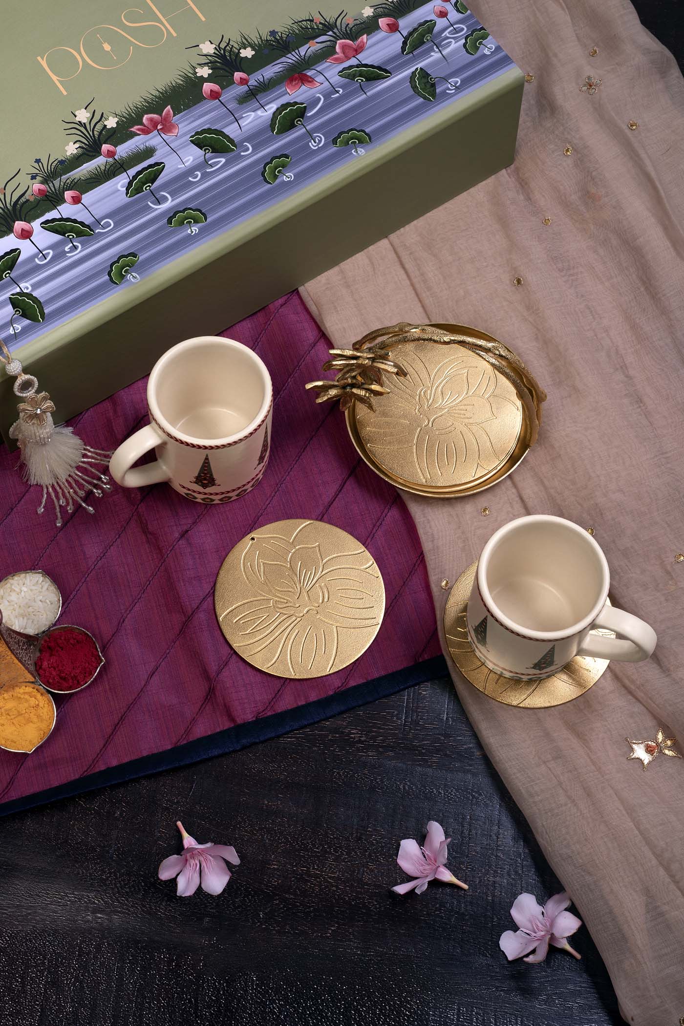 Rakhsha Bandhan Gift Hamper Kumudini Coaster holder with 5 Coasters, 2 Mughal Garden Mugs