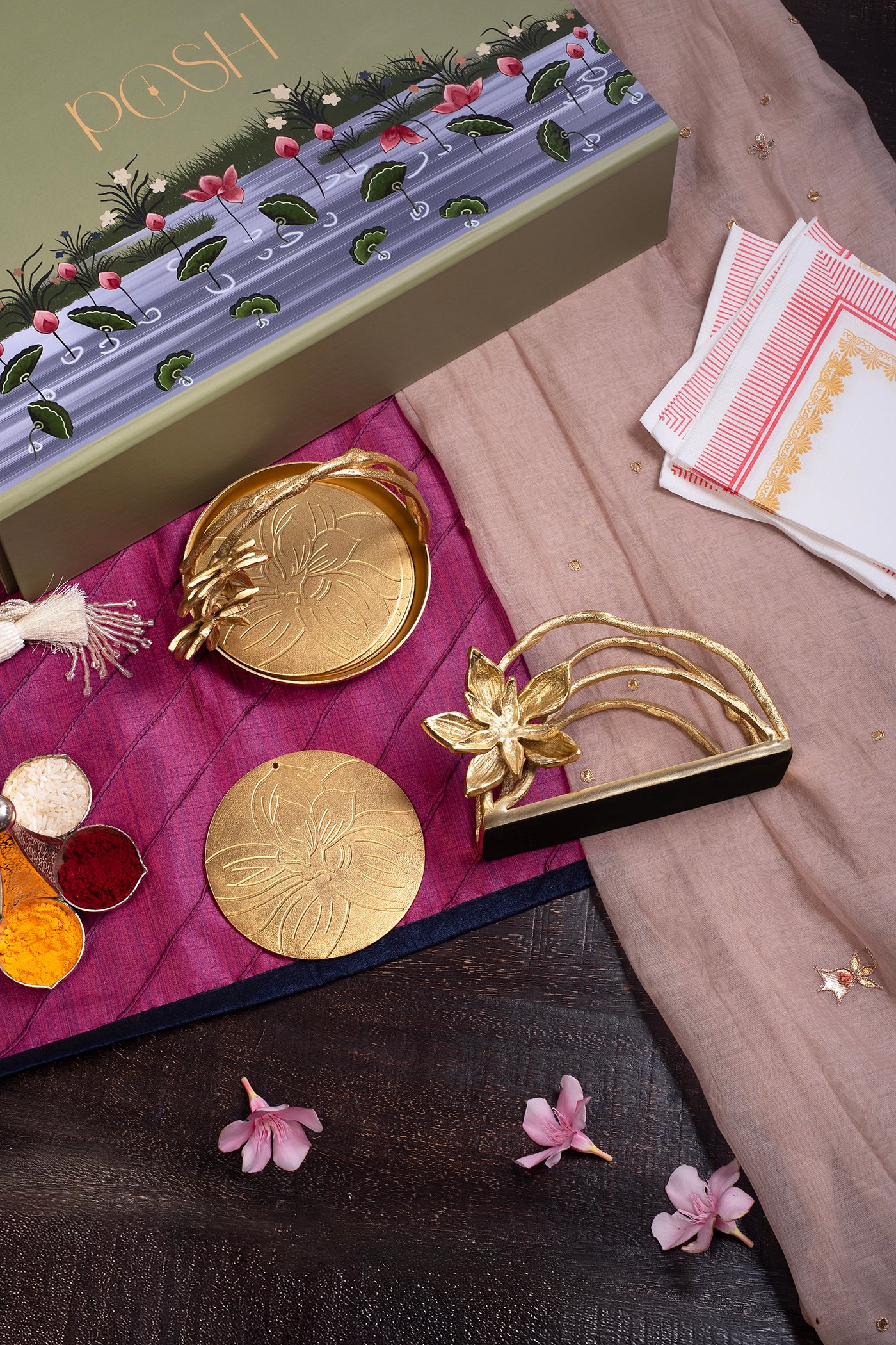 Rakhsha Bandhan Gift Hamper Kumudini Coaster Holder With 5 Coasters & Tissue Holder