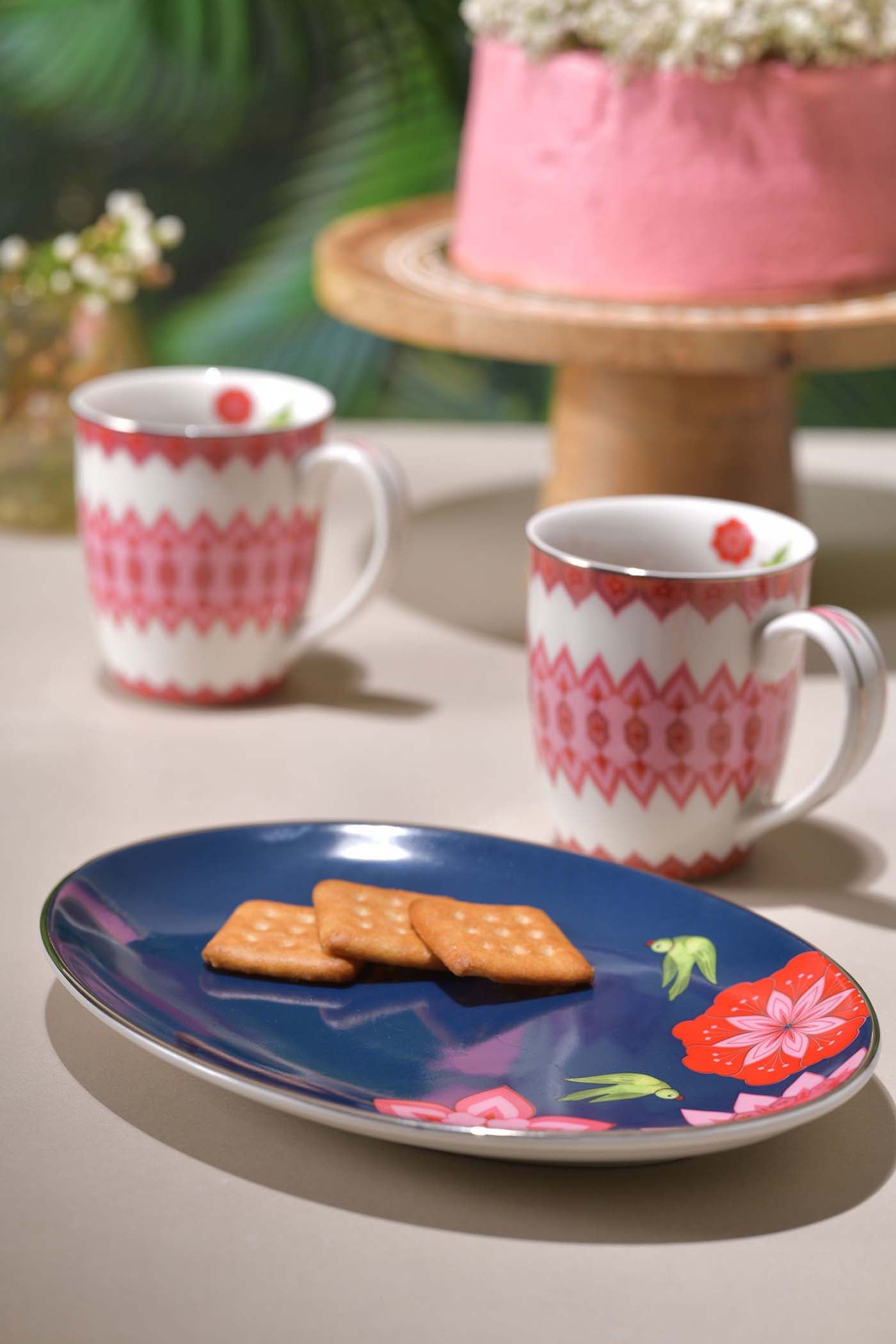 Rakhsha Bandhan Gift Hamper Mausam Oval Platter & 2 Mausam Pink Mugs