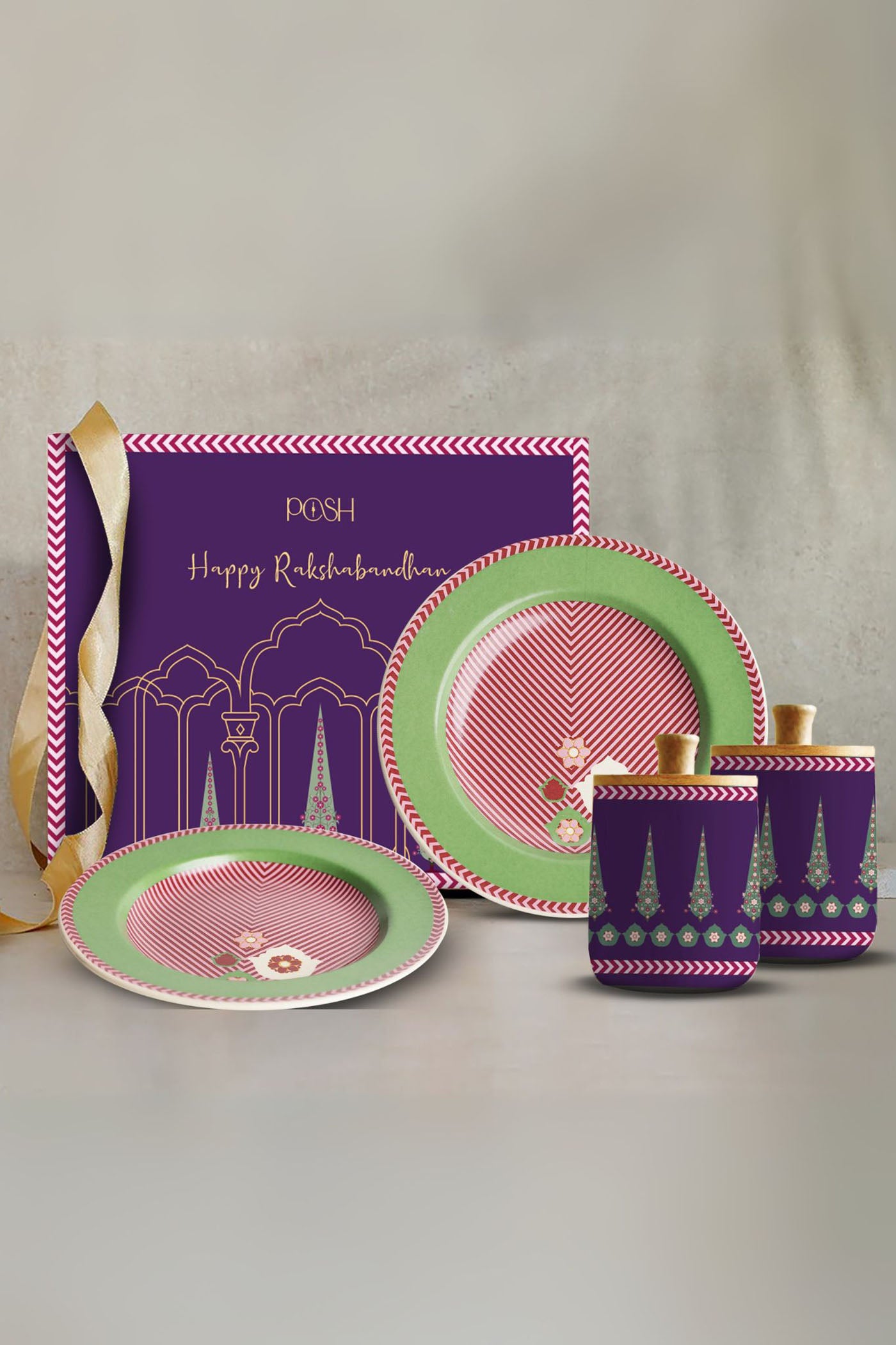 Rakhsha Bandhan Gift Hamper 2 Dessert Plates , 2 Airtight Wooden Jars , 2 Rose Gold Spoons
