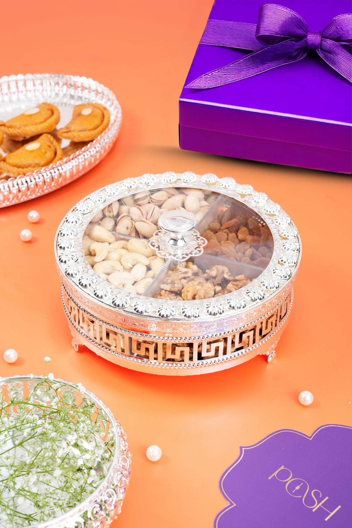 Rakhsha Bandhan Gift Hamper German Silver Dryfruit Box