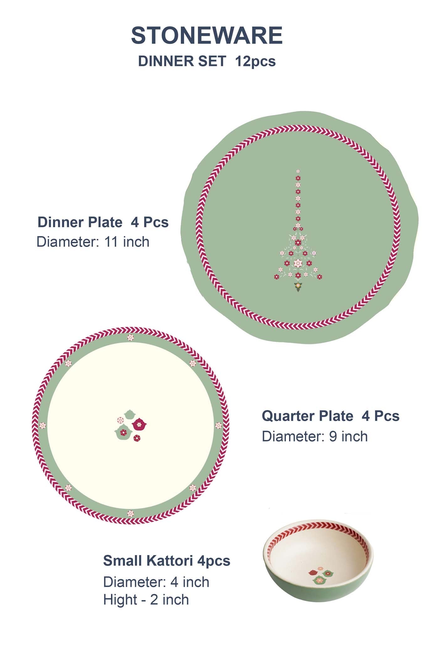 Rakhsha Bandhan Gift Hamper Mughal Garden Dinner set (12 pcs) 4 Dinner Plate 4 Quarter Plate 4 Katori