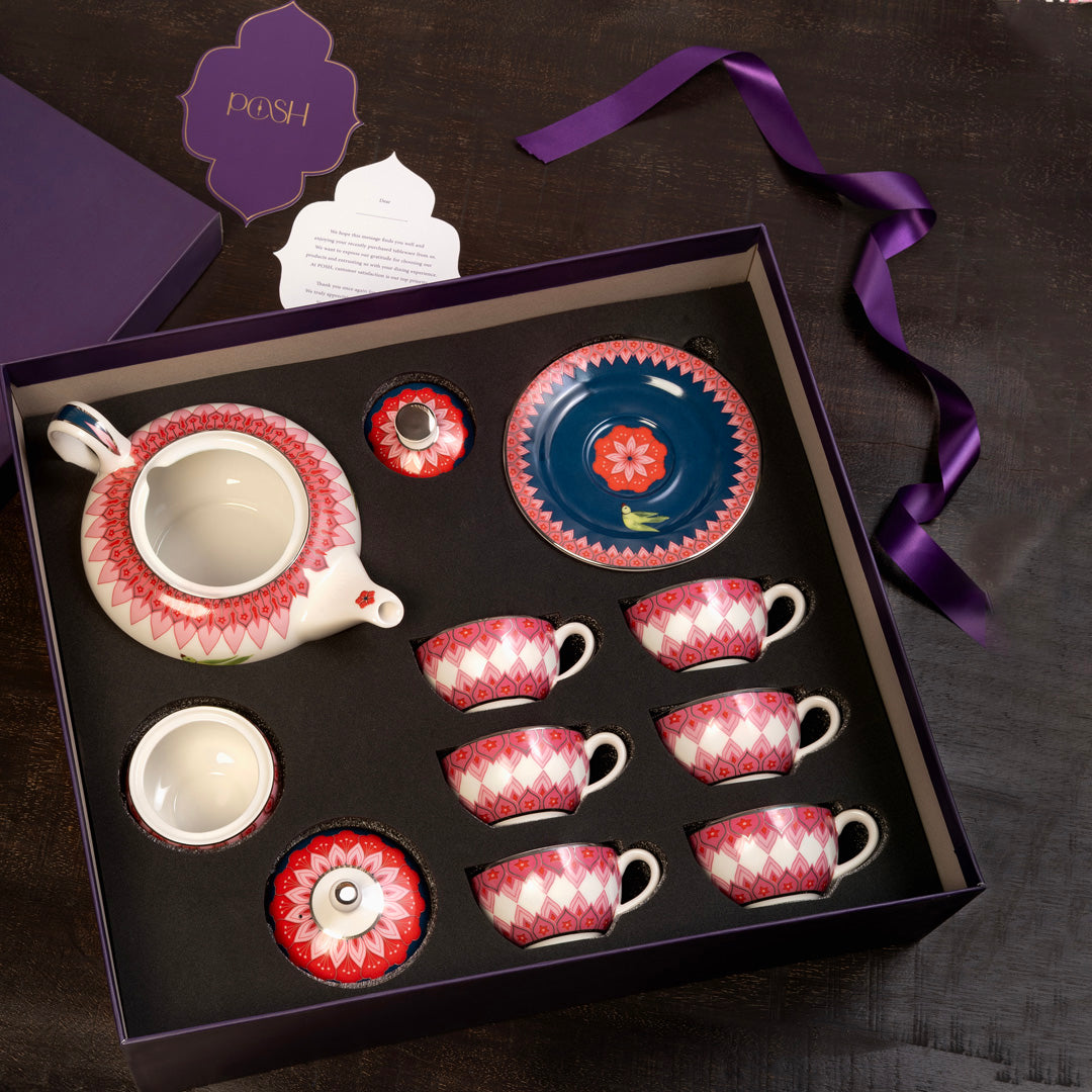 Mausam Tea Set ( set of 14 ) 1 Kettle 1 Sugar Jar 6 Cups 6 Saucers