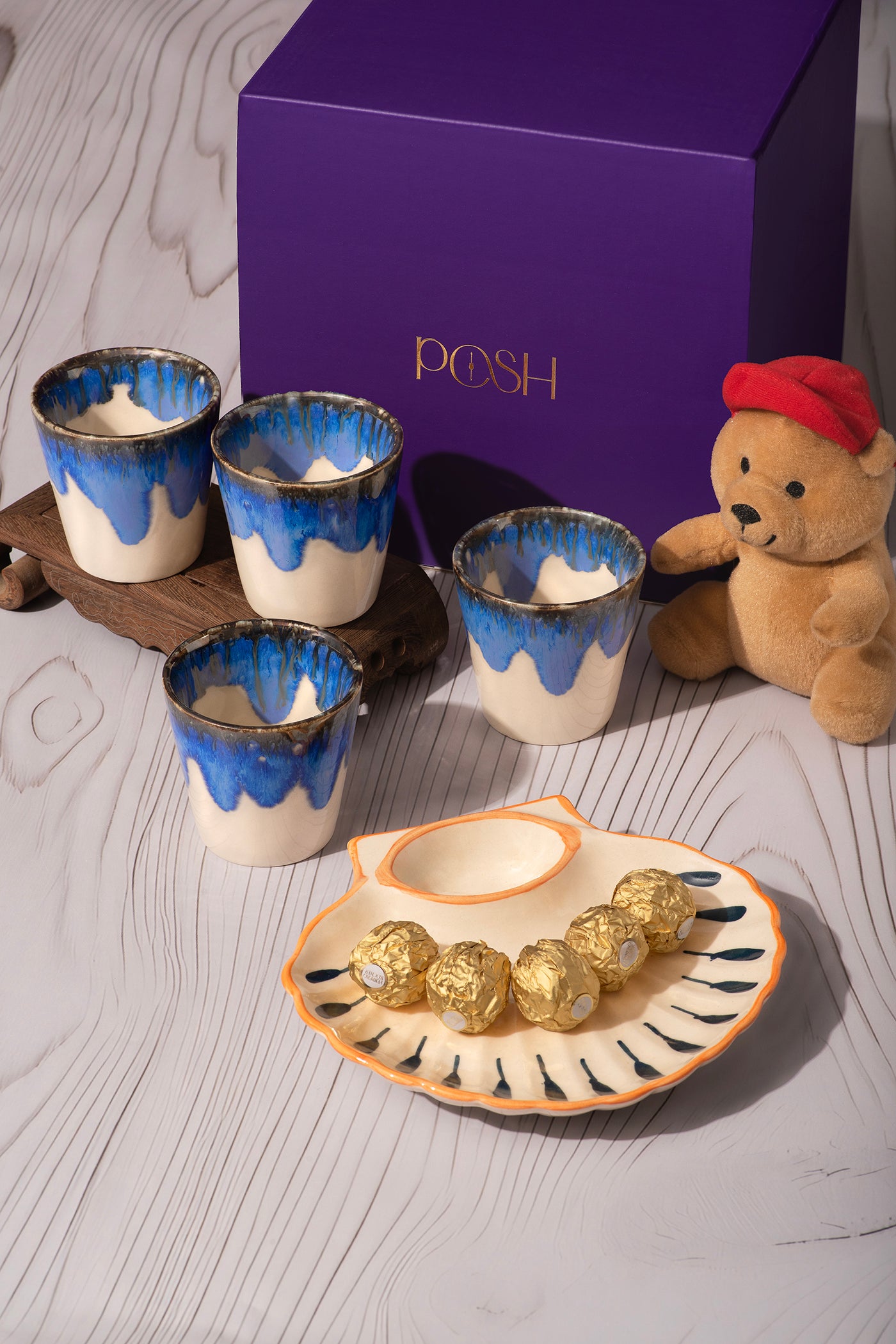 Rakhsha Bandhan Gift Hamper set of 4 Kullad 
With White shell platter