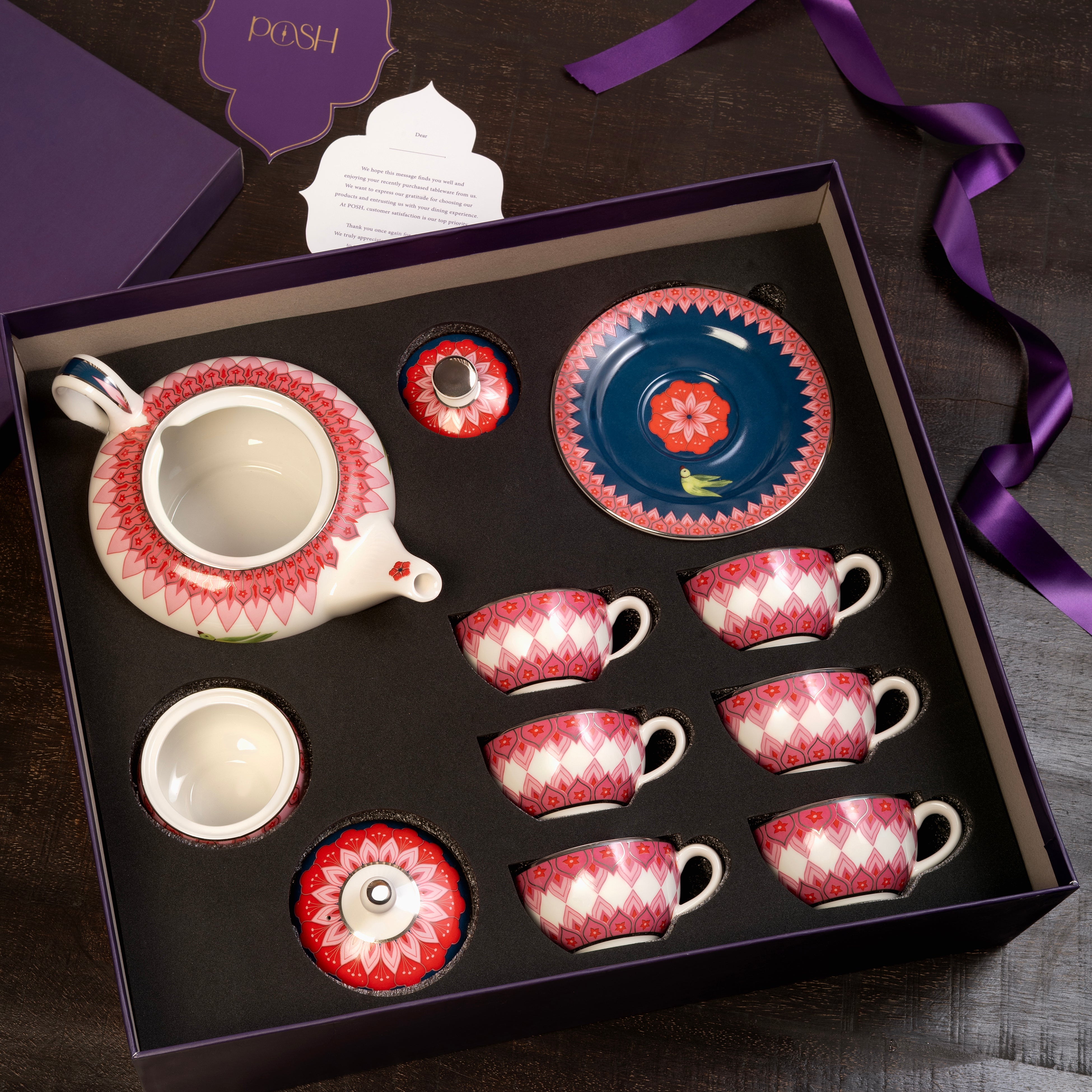 Mausam Tea Set ( set of 14 ) 1 Kettle 1 Sugar Jar 6 Cups 6 Saucers - Gifting