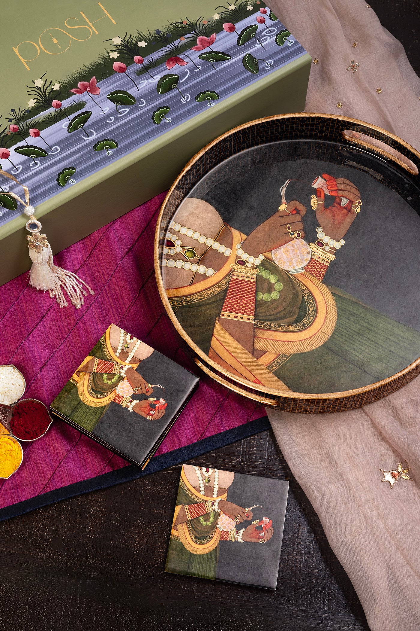 Rakhsha Bandhan Gift Hamper 1 Shringar Wooden Tray , 1 Coaster Holder With 6 Coasters
