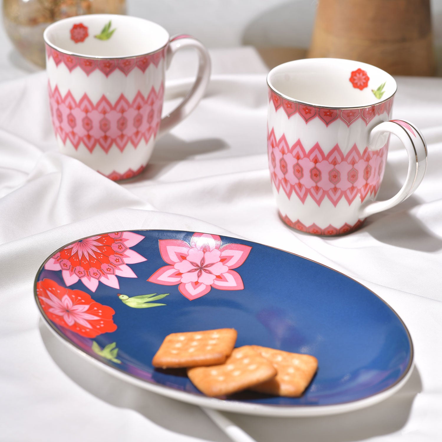 Mausam Series set of 3 (2 Pink Mugs 1 Platter) - Gifting