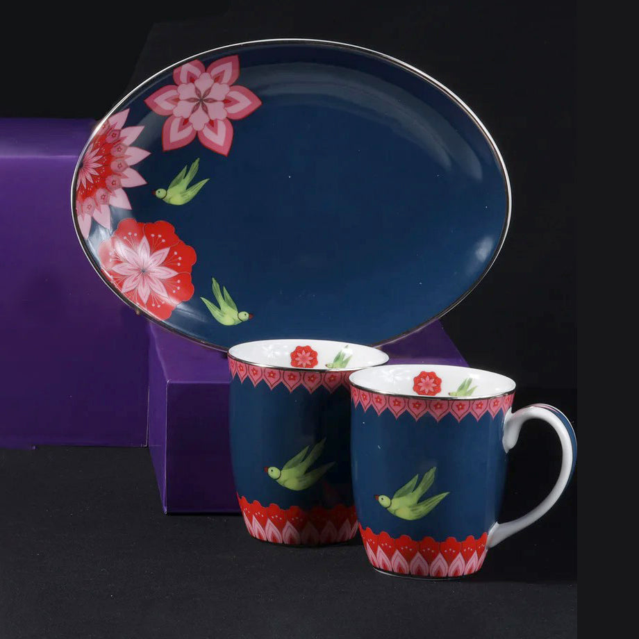 Mausam Series set of 3 (2 Blue Mugs 1 Platter) - Gifting