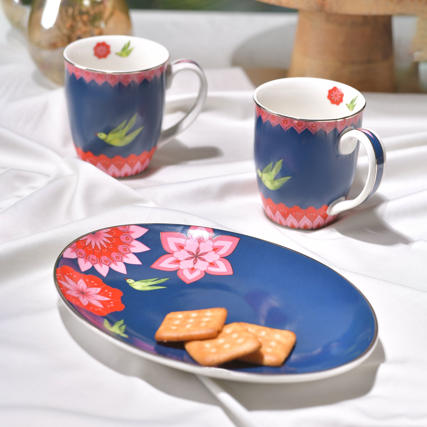 Mausam Series set of 3 (2 Blue Mugs 1 Platter) - Gifting