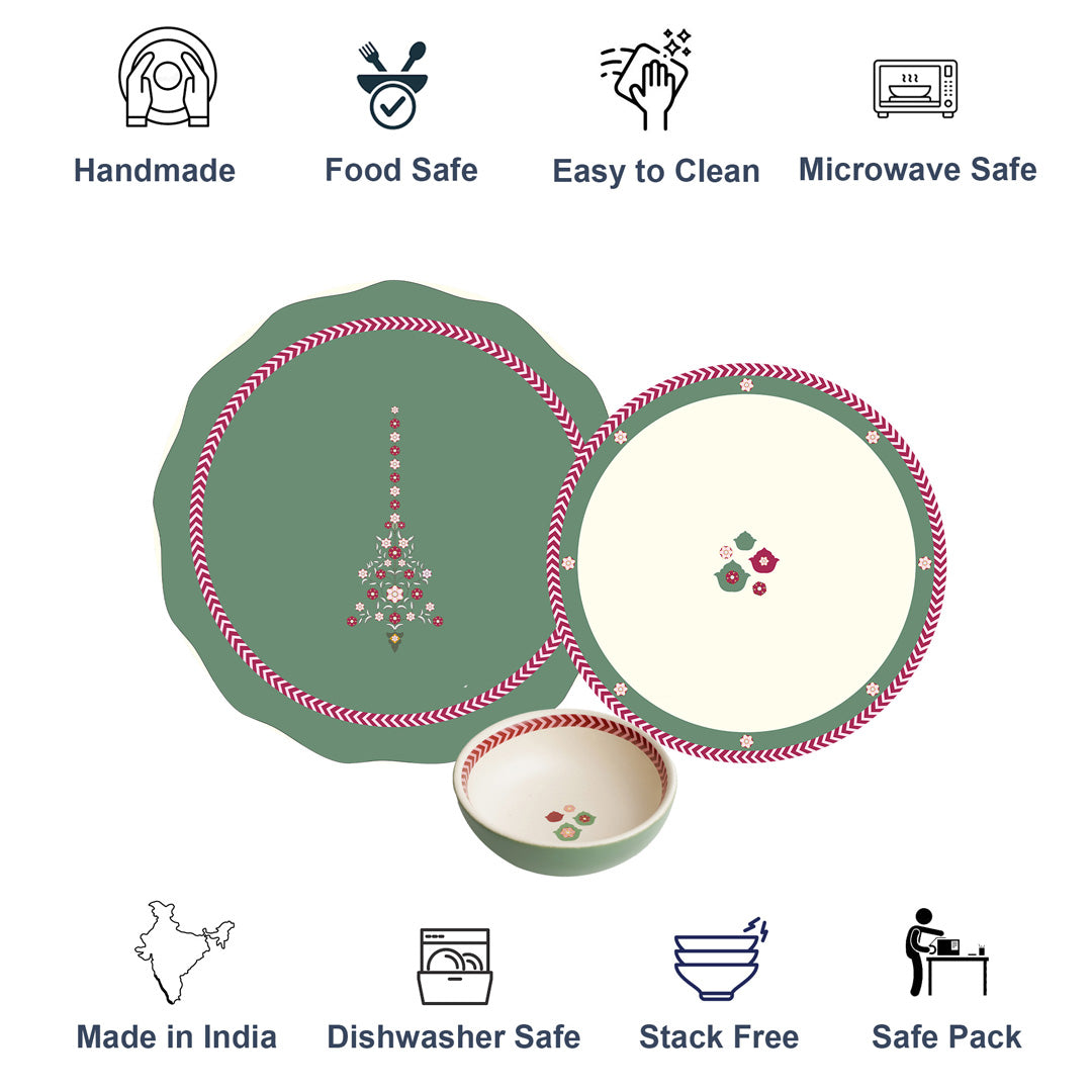 Mughal Garden Dinner Set of 19 Pcs - <span class="extra-small">4 Dinner Plate 4 Quarter Plate 8 Katori 1 Oval Platter & 2 Serving Bowls<span>